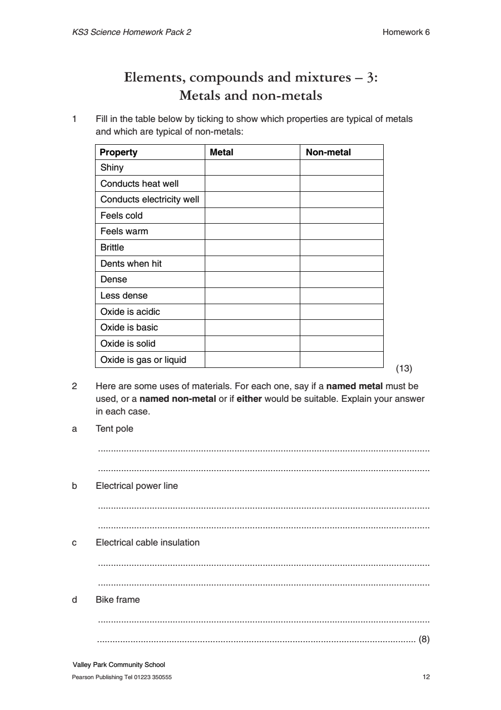 Metals And Non metals Worksheet